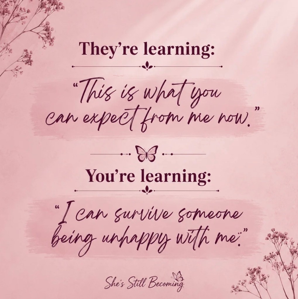 Graphic illustrating emotional boundaries: "They're learning: "This is what you can expect from me now." You're learning: "I can survive someone being unhappy with me."